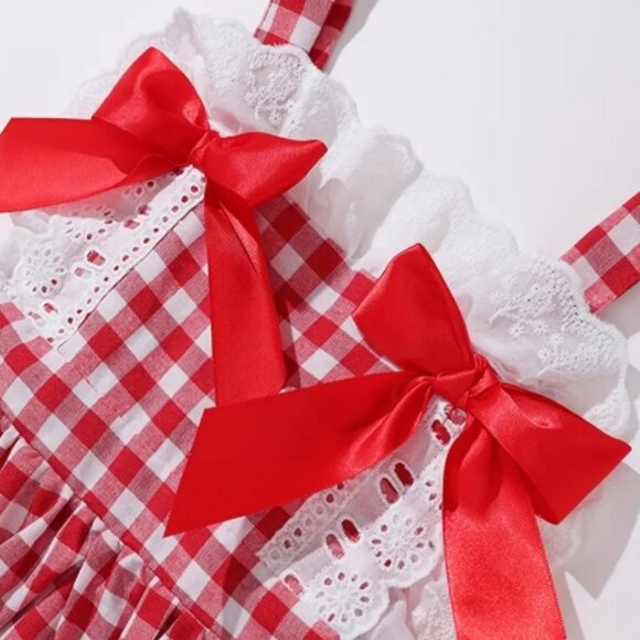 Girls Red Plaid Sleeveless Ruffle Dress - Picture 2 of 6